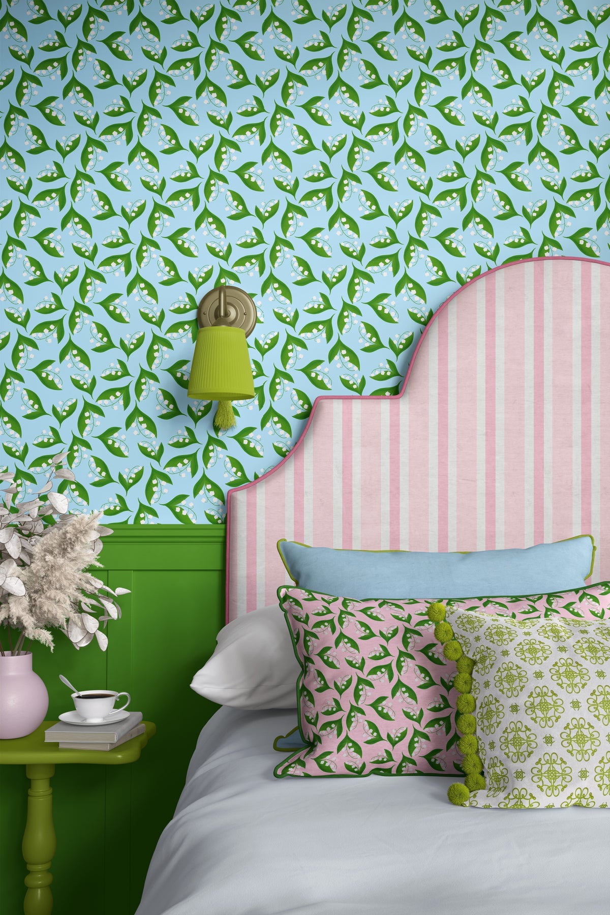 spring bedroom with Lily of the Valley wallpaper in blue and pink headboard