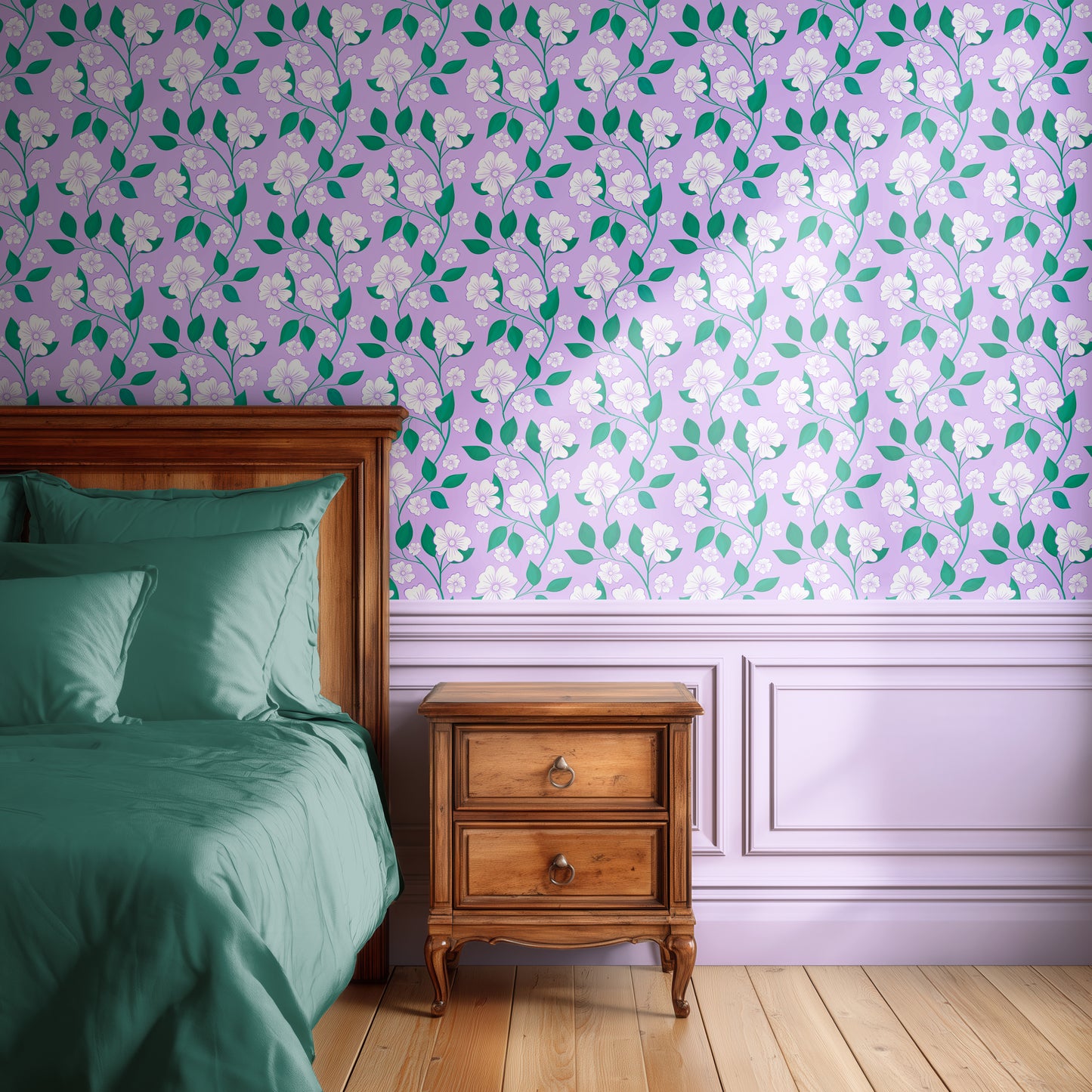 Purple floral wallpaper for bedroom, blossom trailing wallpaper in lilac and mint green colours, purple floral wallpaper