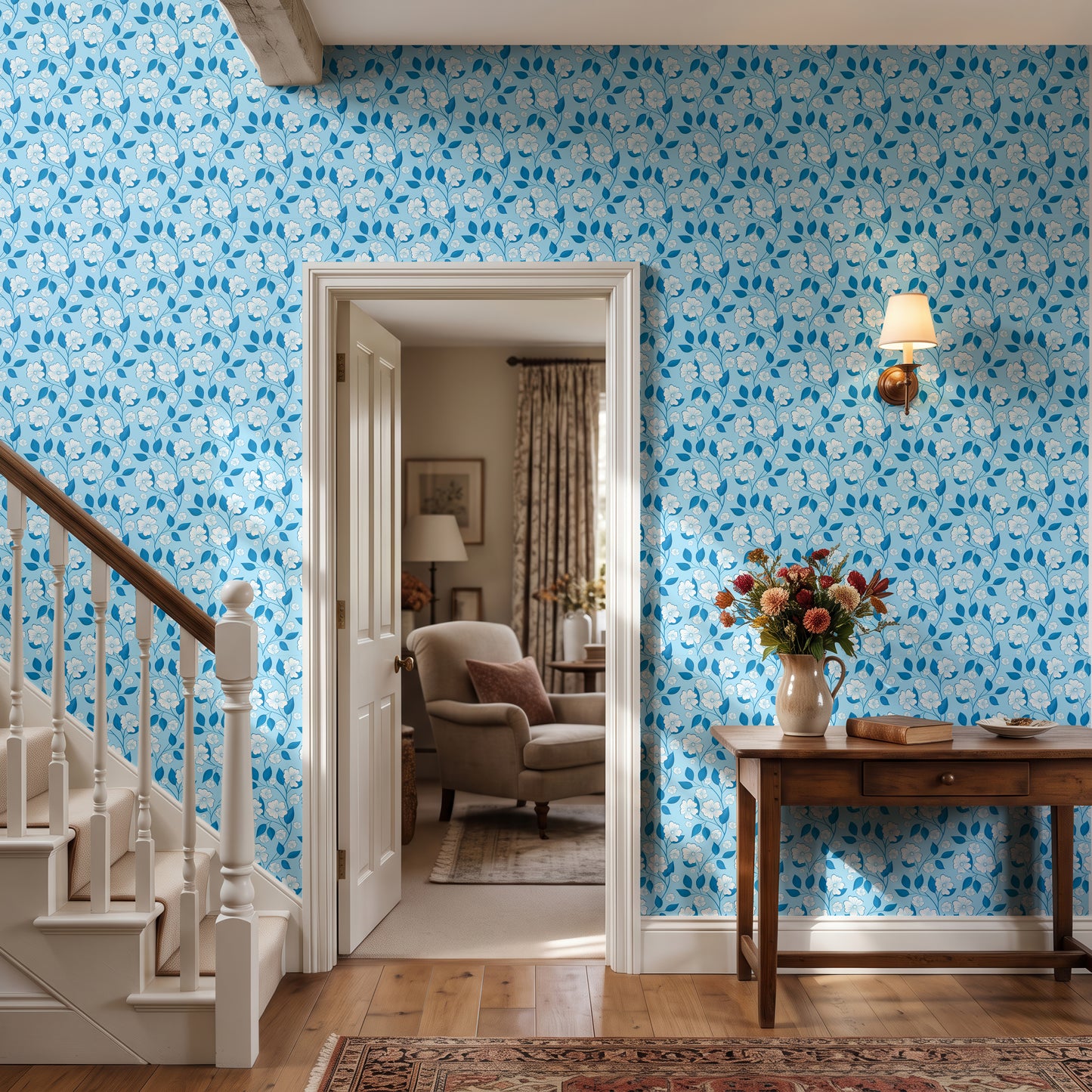 blue floral hallway wallpaper, modern floral wallpaper