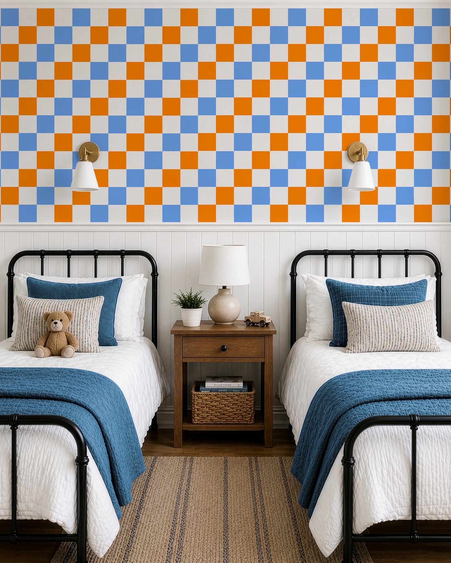 orange blue checkerboard wallpaper, boys bedroom wallpaper UK, teenager wallpaper, colourful kids wallpaper