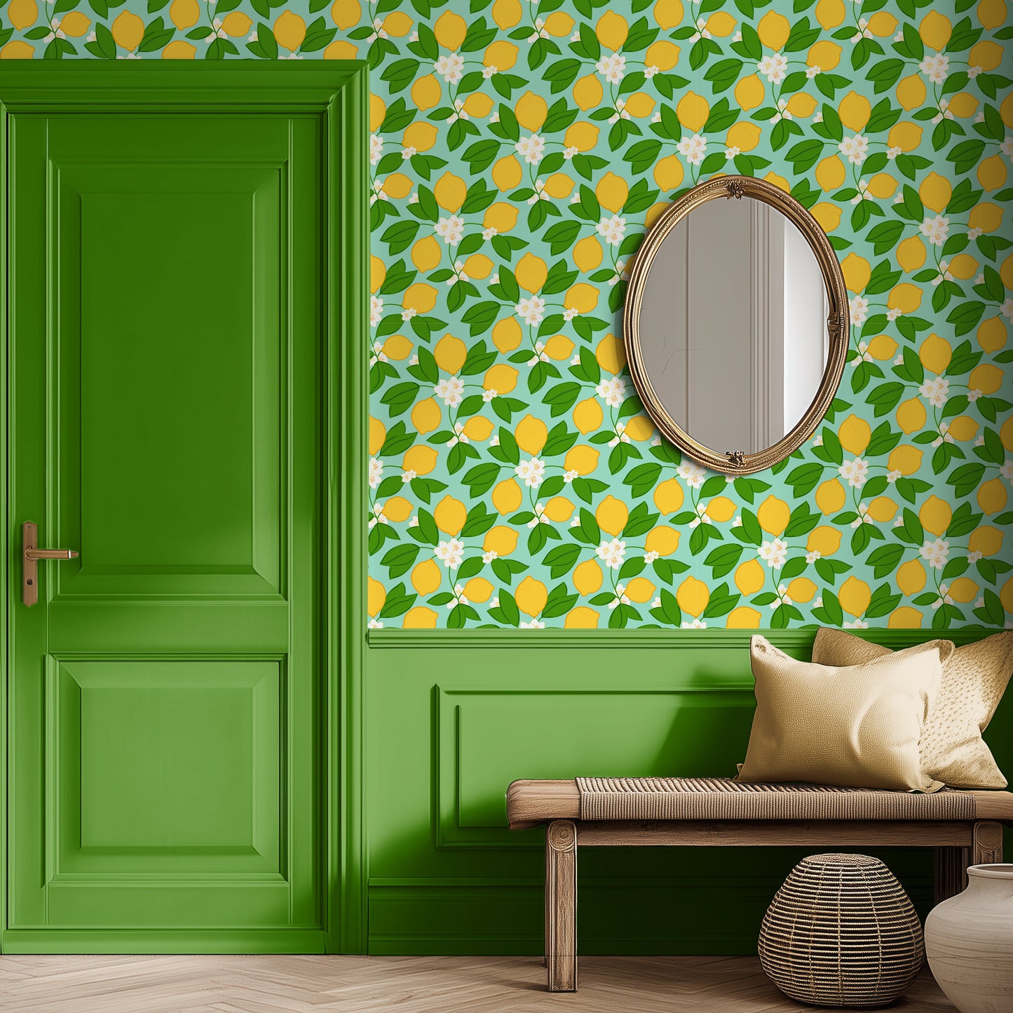 lemon patterned wallpaper in green, yellow and sage green, elegant modern wallpaper, quirky wallpaper for kitchen, citrus wallpaper in green colour 