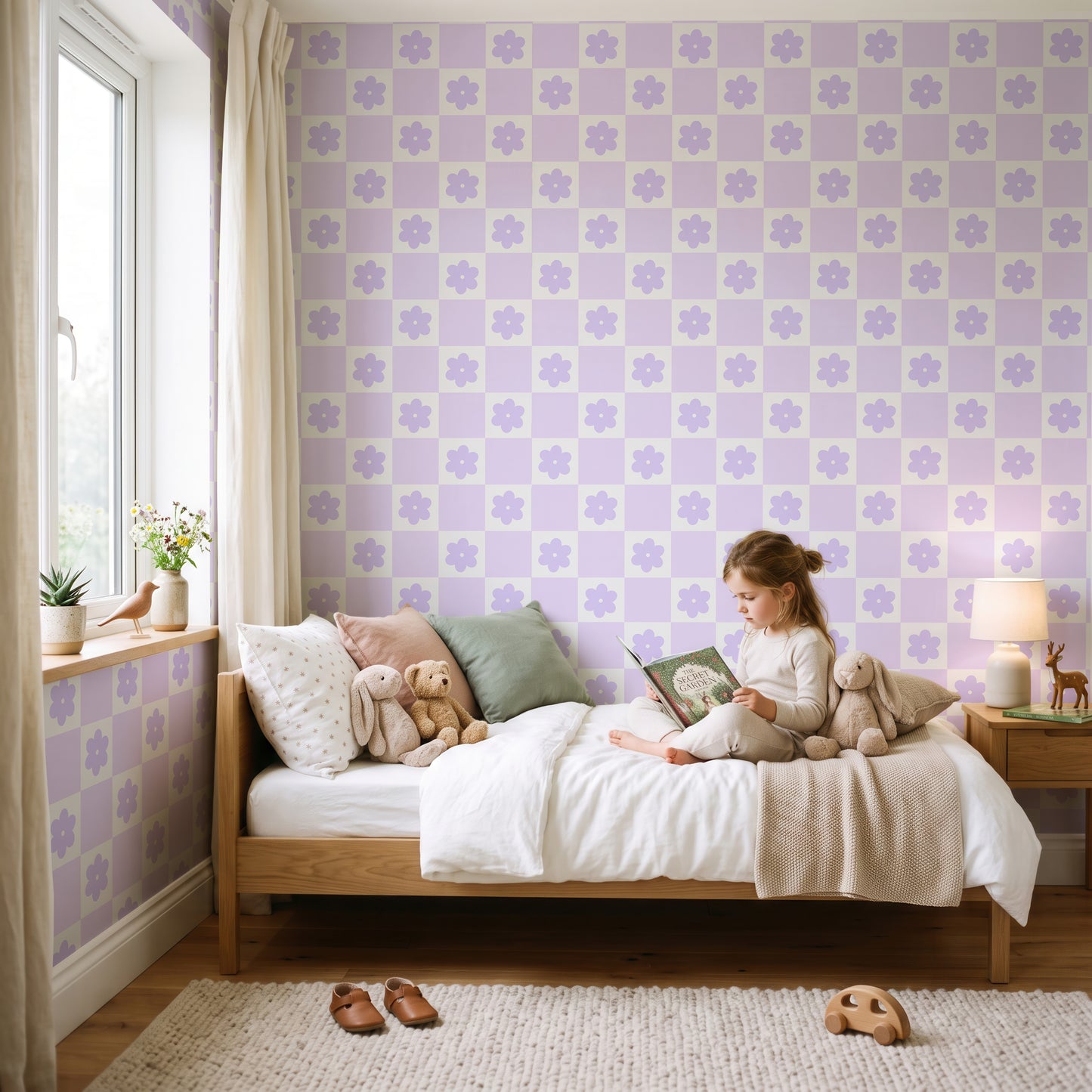 Daisy Dreams lavender floral checkerboard wallpaper in a children's bedroom
