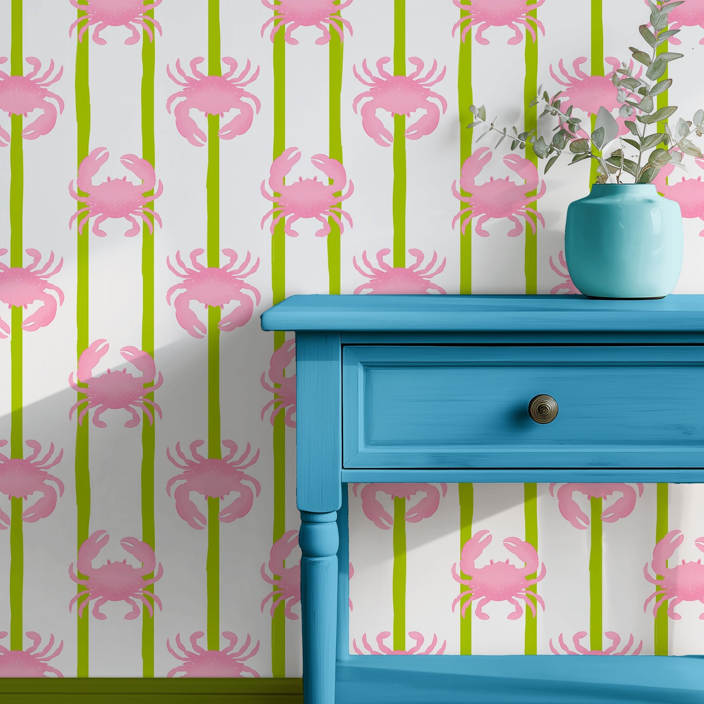 pink crabs wallpaper with lime green stripes, exotic wallpaper, quirky palm beach style wallpaper 