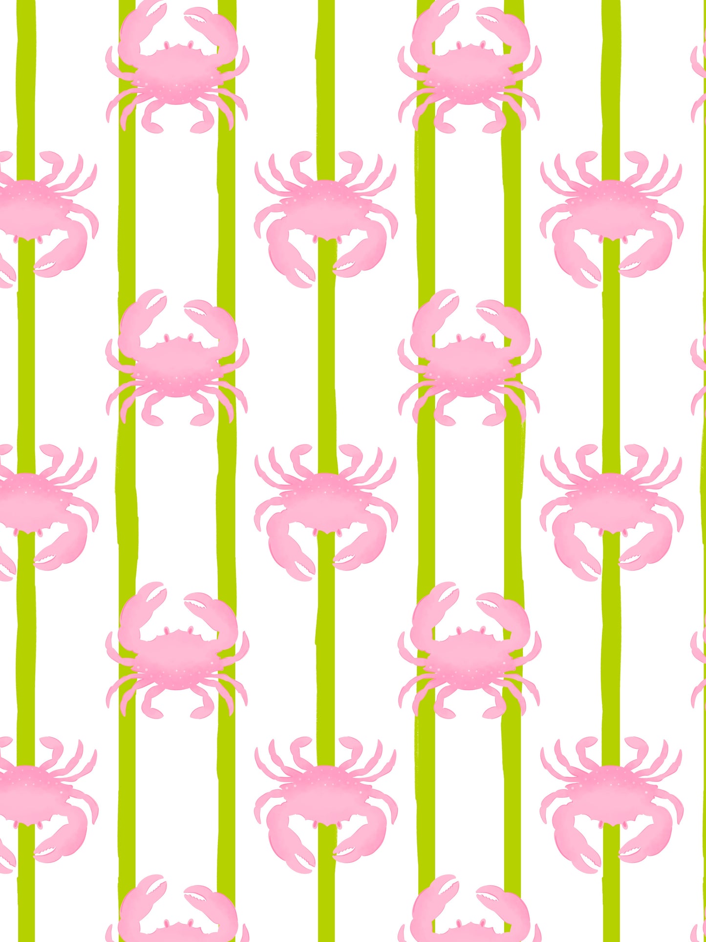 wallpaper with pink crabs on lime green stripes with a white background, lime green wallpaper, pink and green bathroom wallpaper, crabs wallpaper, quirky wallpaper, palm beach wallpaper, Lilly pullitzer style wallpaper 