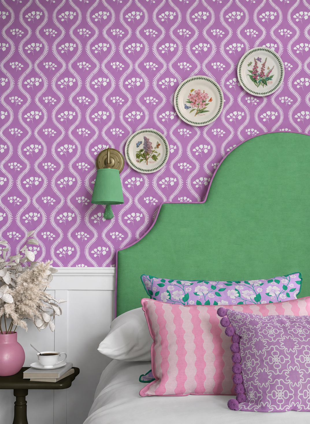 Purple ginkgo leaf botanical wallpaper in an elegant English country bedroom 