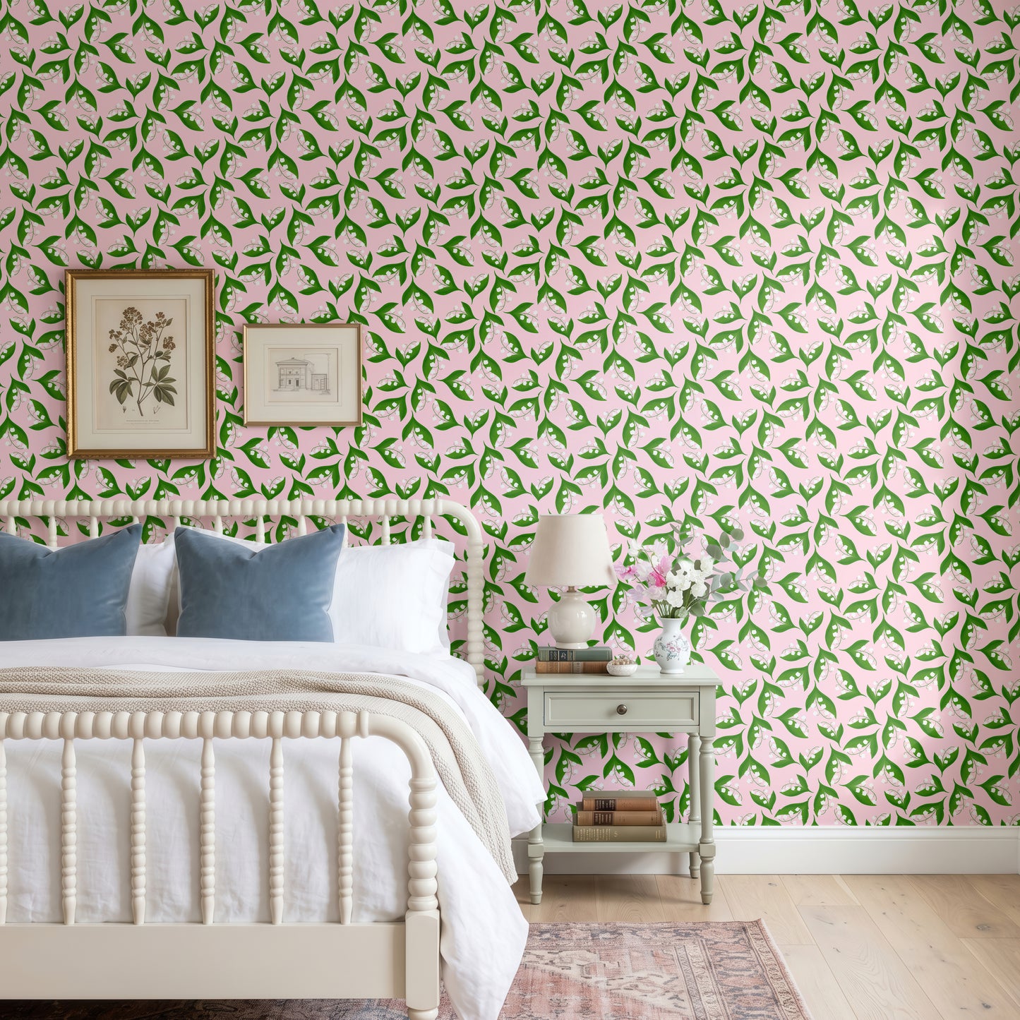 lily of the valley wallpaper, girls bedroom wallpaper, floral wallpaper, best quality wallpaper in the UK, designer wallpaper, whimsical floral pattern wallpaper, aesthetic baby room, girls pink bedroom, pink and green bedroom