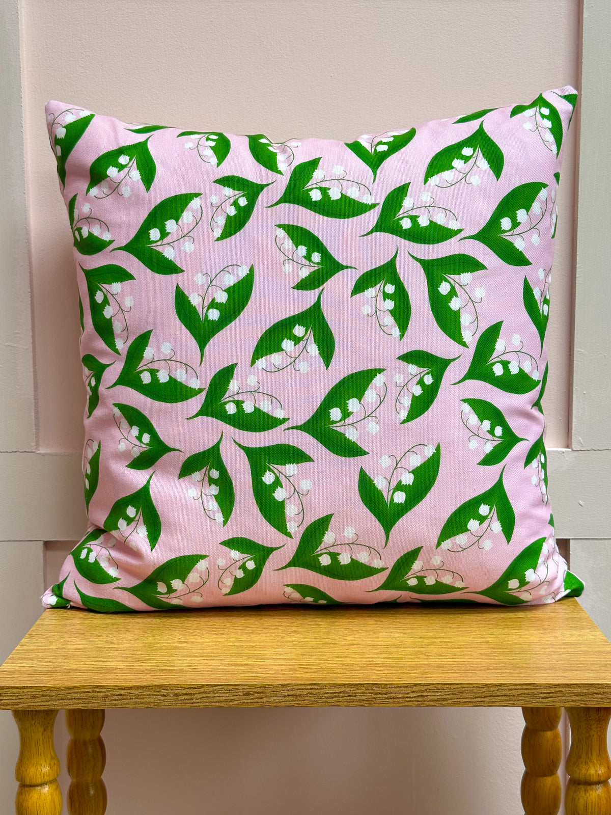 Lily of the Valley pink and green cushion by Reka Thornton 