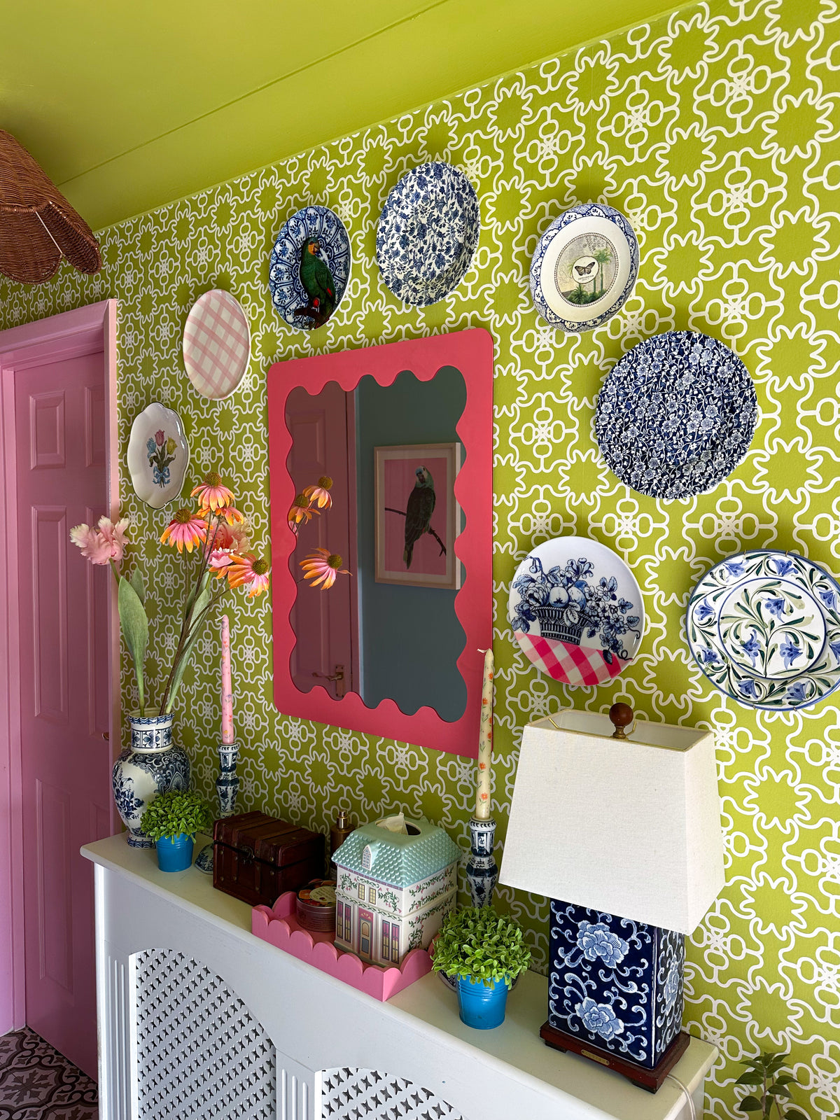 Paradiso Chartreuse Green modern abstract wallpaper in an elegant English hallway 