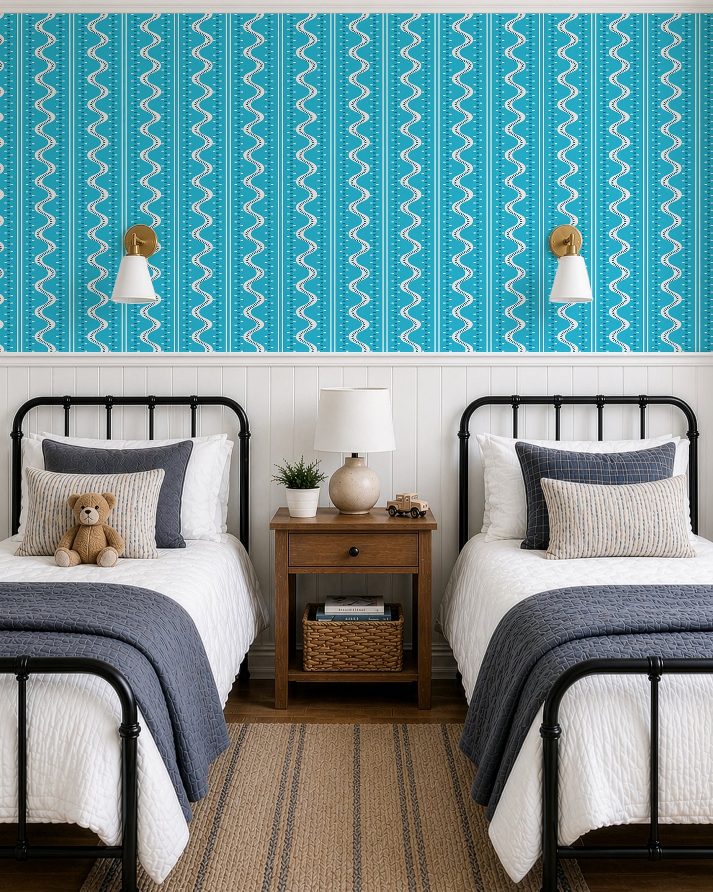 Pooky Do turquoise blue wavy wallpaper in an elegant boy’s bedroom by Reka Thornton