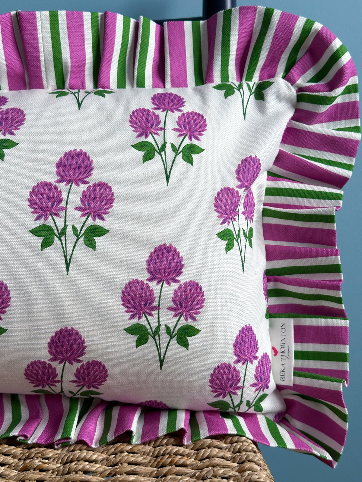 Purple clover floral linen cushion with striped ruffled border by Reka Thornton designs