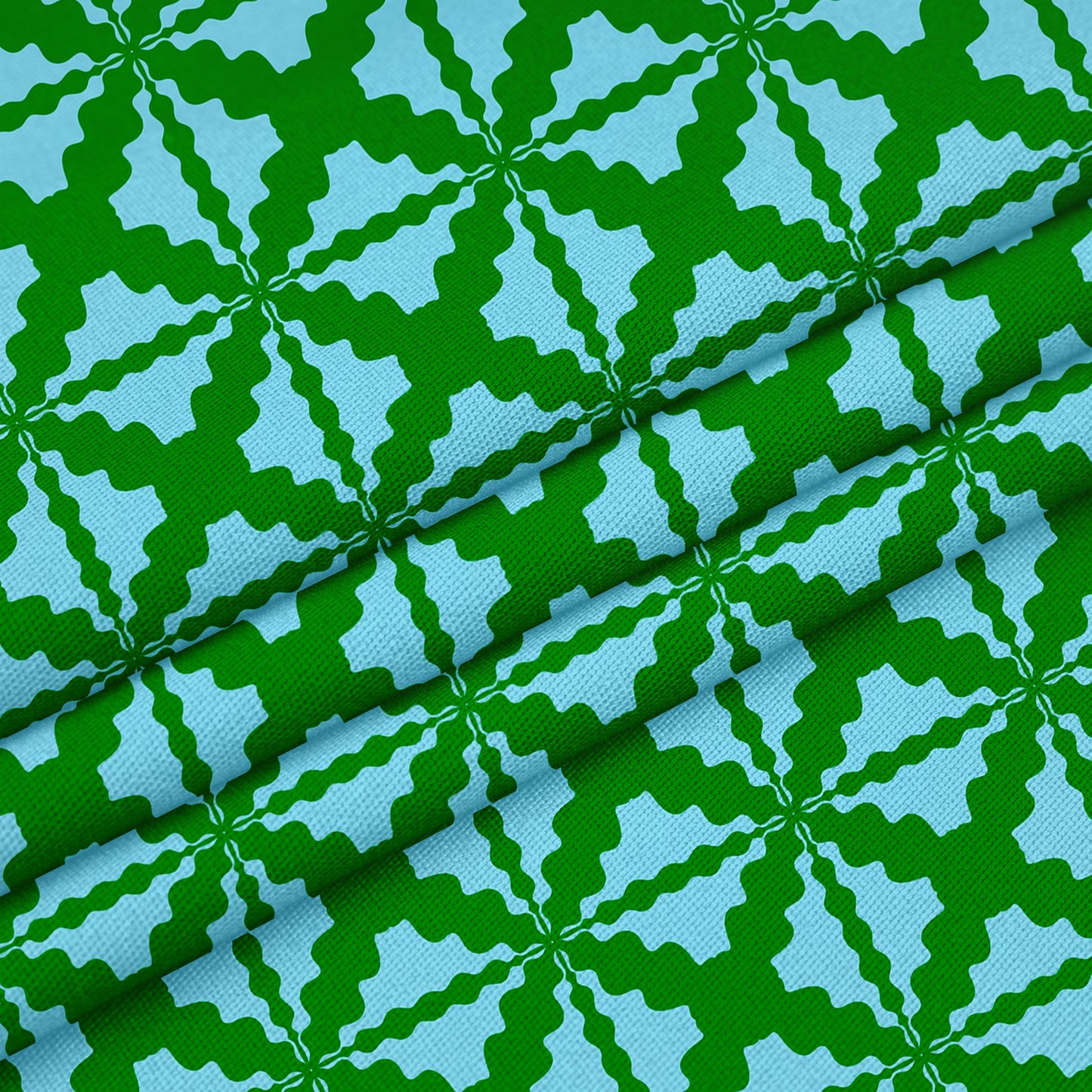 Reka Thornton designs Ric Rac Trellis fabric in blue and green colours