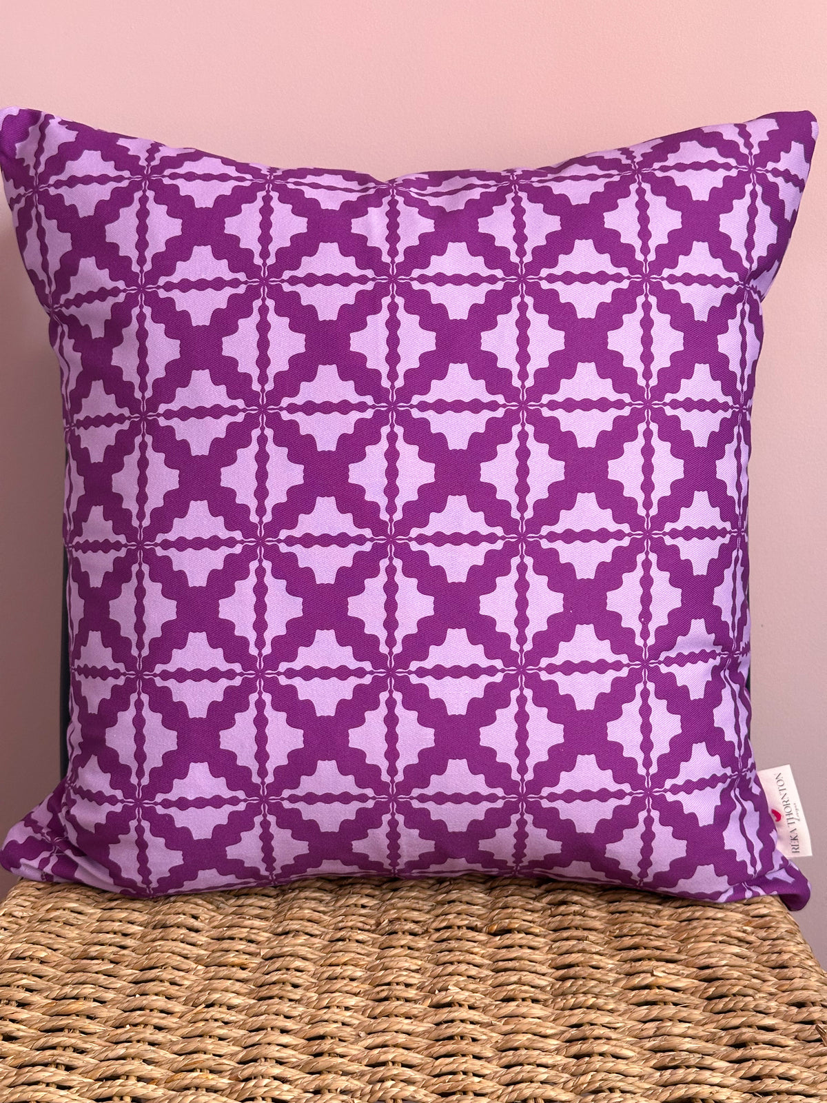 Ric Rac Trellis cushion with a purple geometric lattice pattern handmade to order