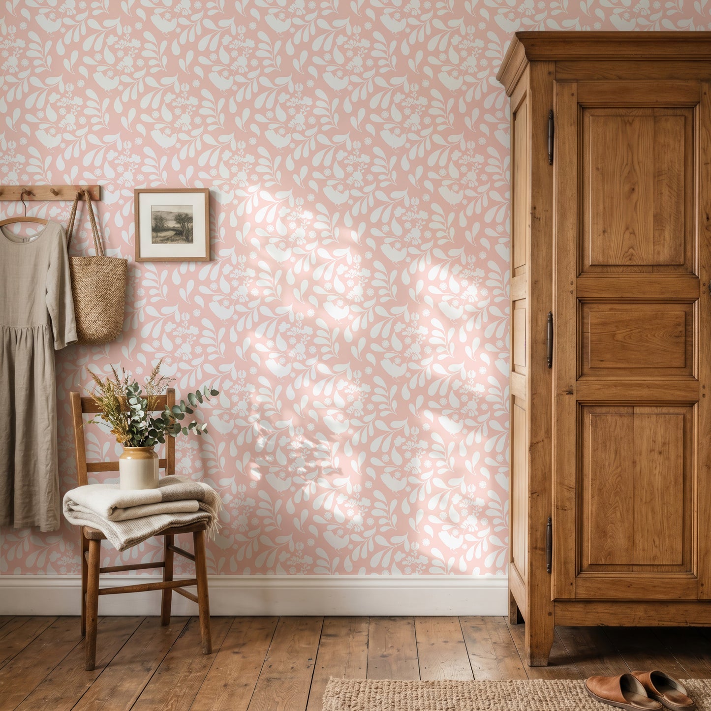 pink botanical cottagecore wallpaper with birds, perfect bedroom wallpaper in farrow and ball plaster pink colour