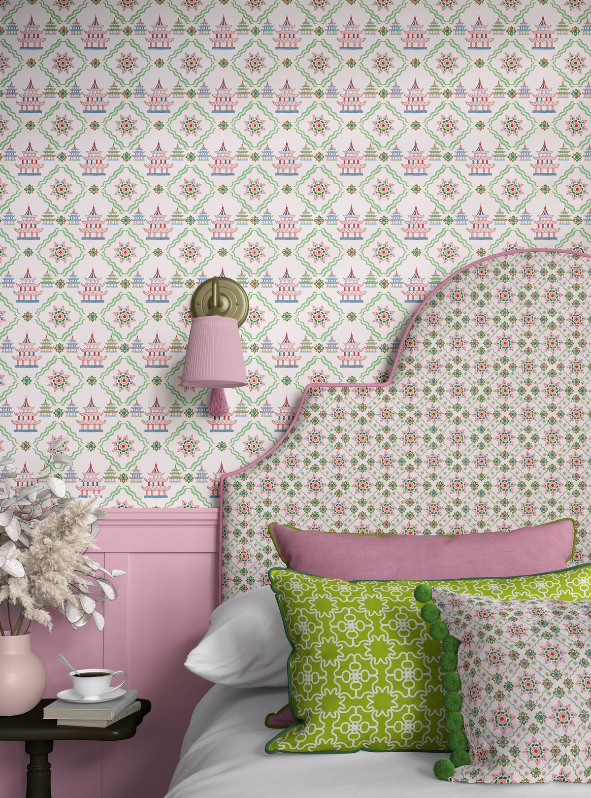 Temples chinoiserie wallpaper and fabric made into headboard, designed by Reka Thornton