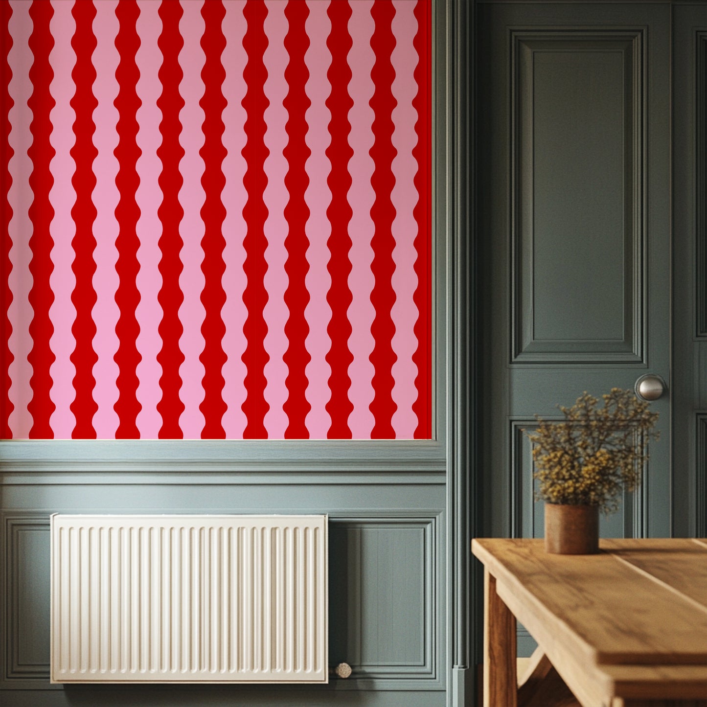 Wiggle With Me red and pink wavy wallpaper in an English modern home by Reka Thornton