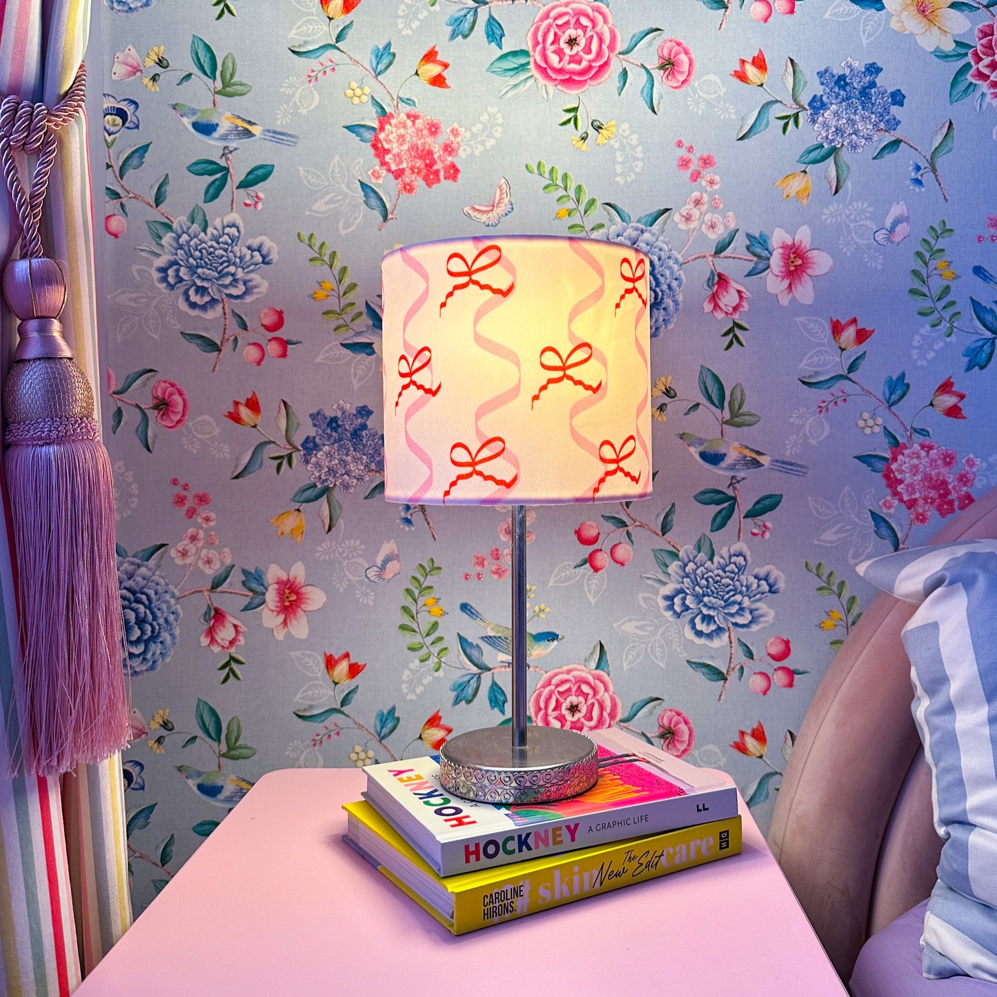 bows and ribbons lampshade in pink and red made from velvet material