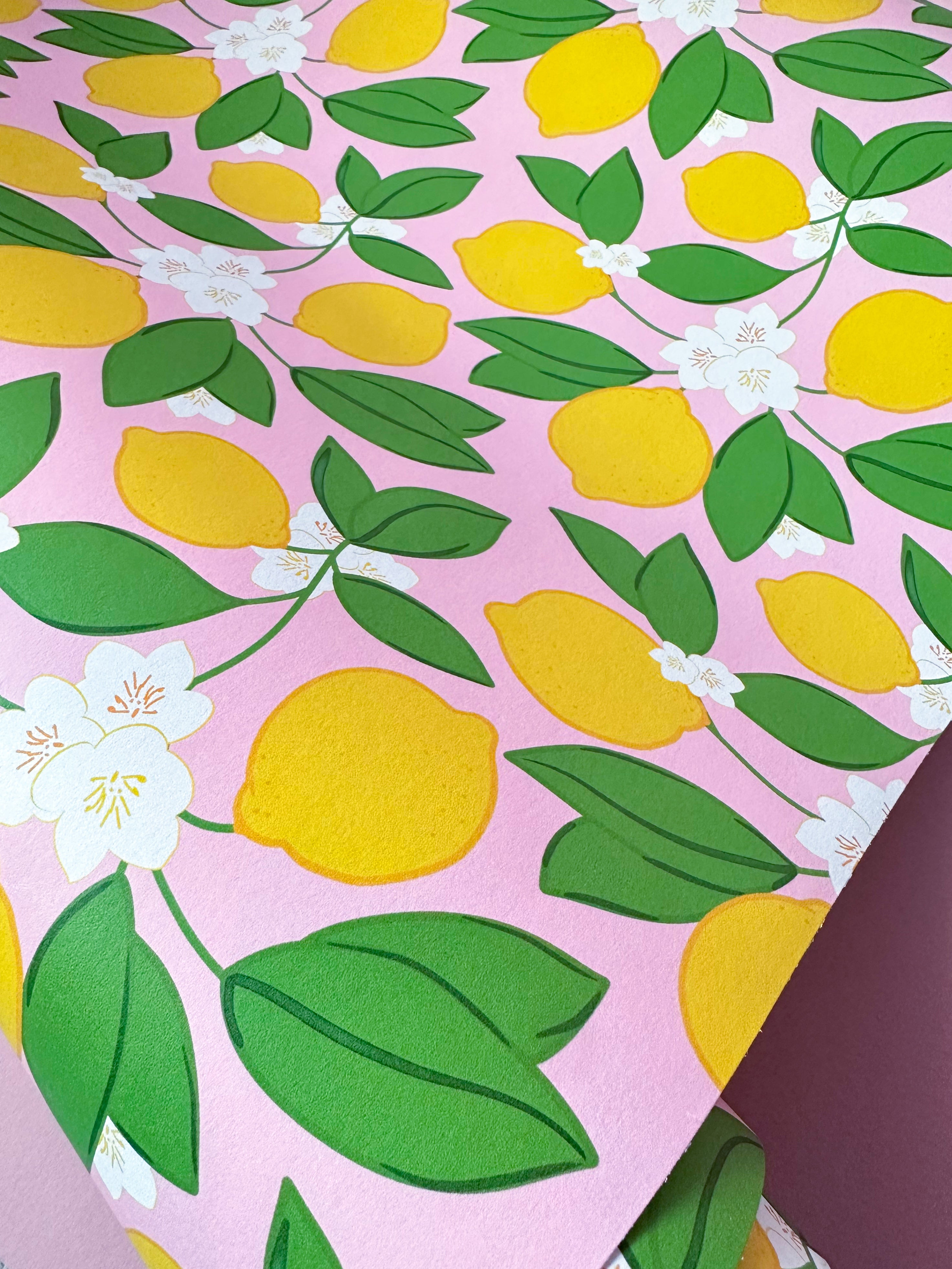 'Citrus Blooms' lemon wallpaper in pink– Lemon Blossom Wall Covering ...