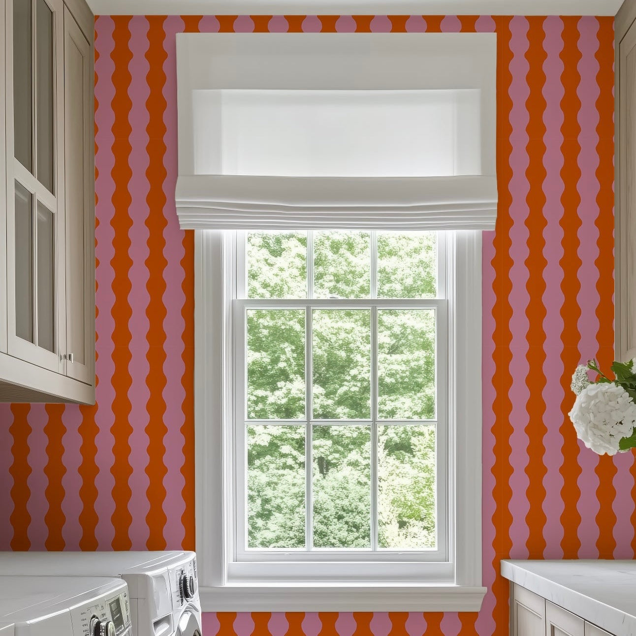 orange and pink wavy wallpaper peel and stick and traditional application for a colourful maximalist home